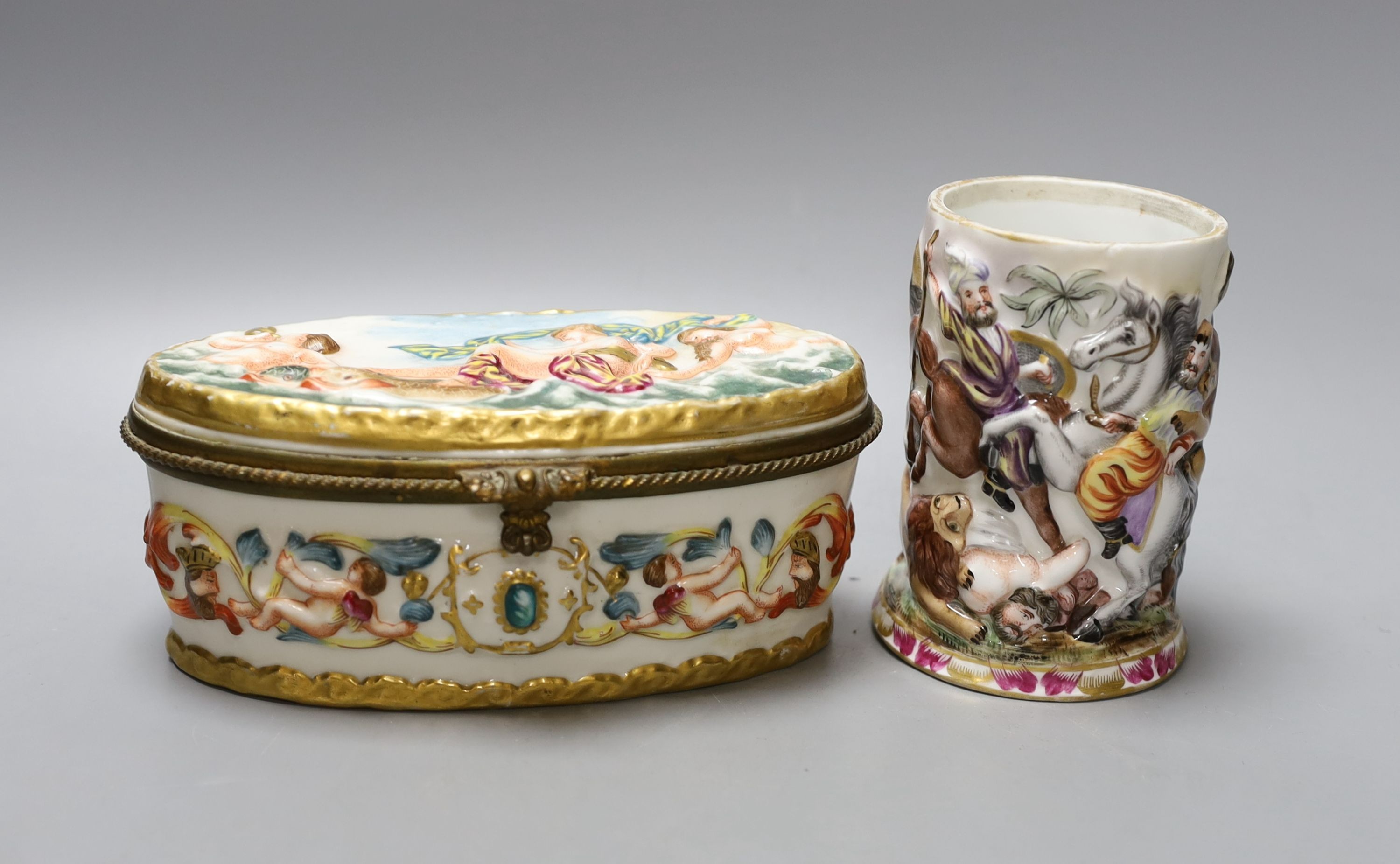 A Doccia style porcelain mug and similar oval casket 18cm